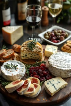 A cheese board with a variety of cheeses and fruit, including figs and grapes. The board is set on a wooden surface and surrounded by wine glasses and a bowl of olives