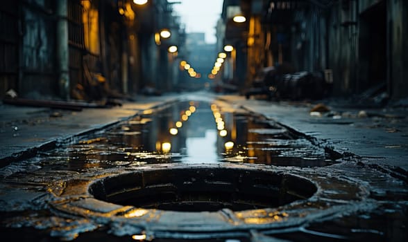 A manhole cover positioned in the middle of a city street.
