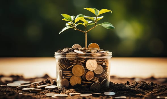 A jar filled with coins, with a plant sprouting and growing out of it.