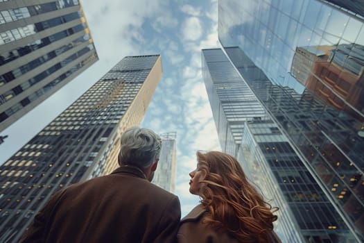 A man and a woman are standing in front of a tall building. The man is wearing a brown coat and the woman has long brown hair. They are looking up at the sky, which is clear and blue