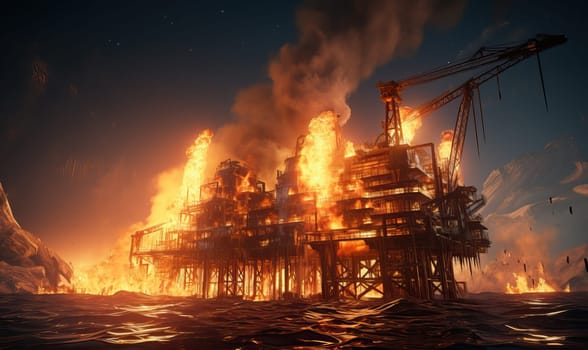 An oil rig burning fiercely in the middle of the ocean.