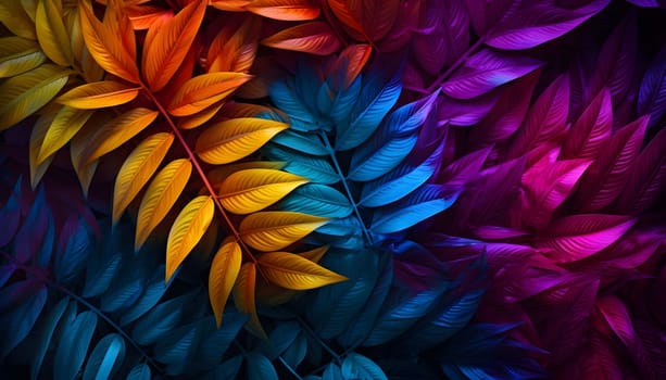 This vibrant image showcases a mesmerizing and imaginative display of leaves in a rainbow of fluorescent colors. The leaves create a captivating visual effect, evoking a sense of enchantment and joy.