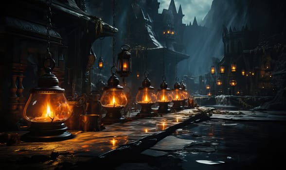 A row of lanterns glowing brightly in the darkness.