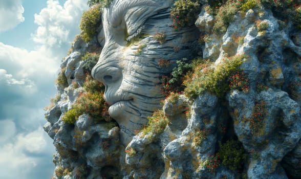 A massive head protruding from the side of a mountain.