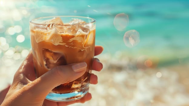 The close up picture of the person is holding the cup of the coffee by their own hand also walking at the side of the beach near the sea or an ocean that has been shine by the light from a sun. AIG43.