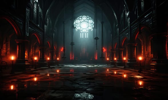 A church interior lit by a dim light, featuring candles placed on the floor.