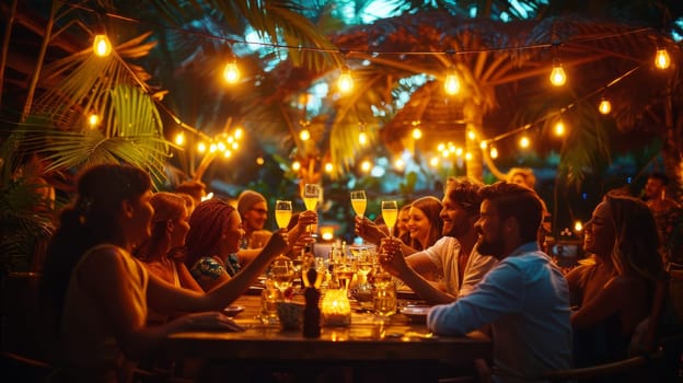 A group of people are gathered around a table, enjoying a meal and toasting to each other. The atmosphere is warm and inviting, with the people smiling and laughing as they share food and drinks