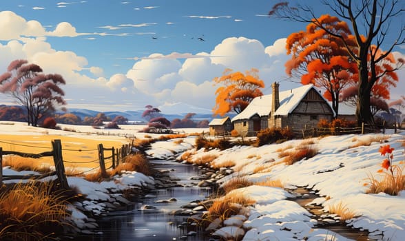 Snowy landscape featuring a stream in a rural setting.