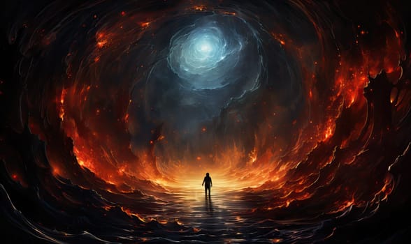 A man standing alone in the center of a dimly lit tunnel.