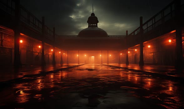 A dark hallway leading towards a clock tower in the distance.