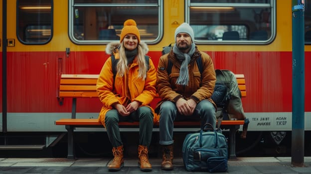 A couple sitting on a bench next to a train. The man is wearing a brown jacket and the woman is wearing a yellow jacket