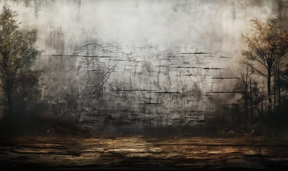 A painting of a forest with trees in the background.