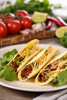 Taco with ground beef and avocado, cabbage and cheese. Mexican cuisine. 