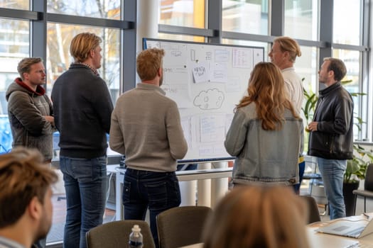 A group of people are standing around a white board with drawings on it. They are discussing ideas and collaborating on a project. Scene is focused and productive