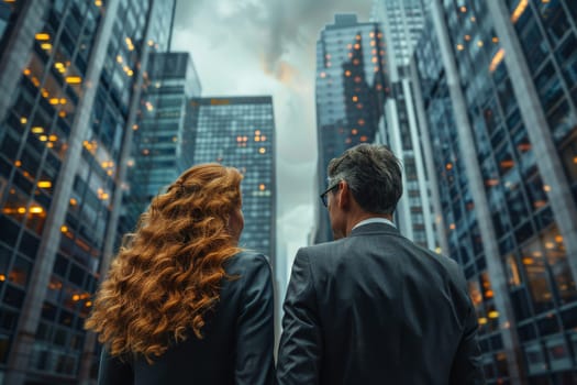 Two people standing in front of a tall building. One is wearing a red shirt and the other is wearing a suit