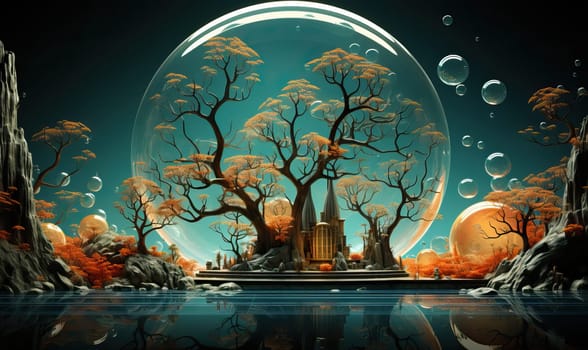Painting of a surreal landscape featuring trees and a castle in the center.