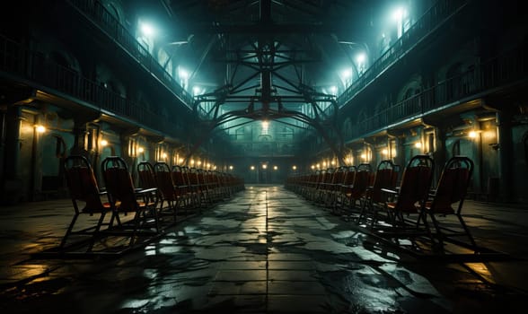 Chairs arranged in rows inside a dimly lit room.