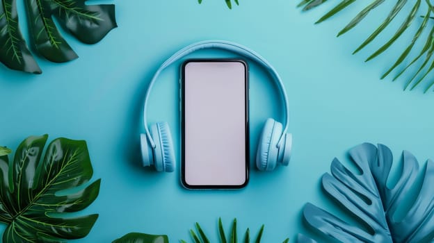 A phone and headphones are on a blue background