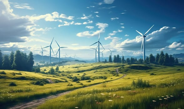 Painting of wind turbines standing tall in a lush green field.