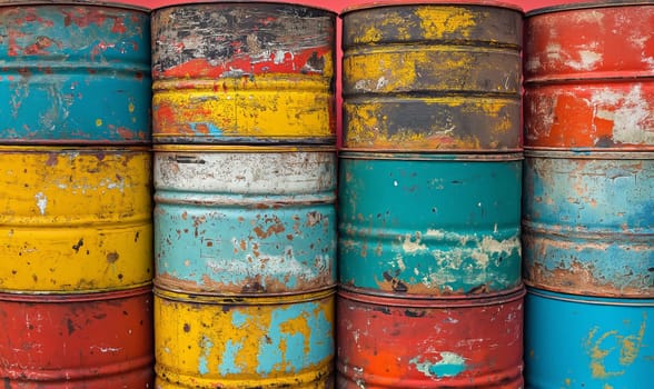 A group of colorful barrels sitting next to each other.