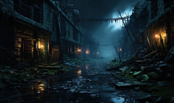 A dimly lit alley featuring a central puddle under dim light.