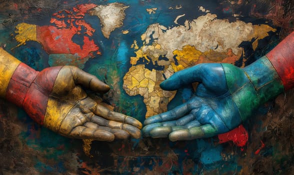 Two hands painted in different colors holding each other.