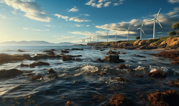 Group of wind turbines situated on rocky shore.