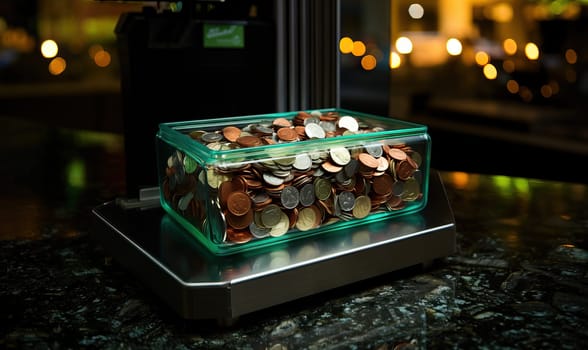 Glass container brimming with coins atop counter.