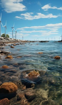 Wind turbines sit by a body of water, generating clean energy.