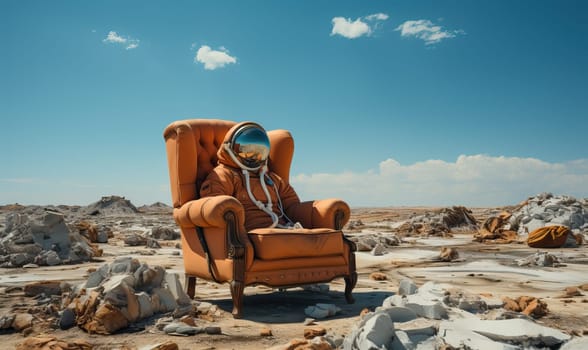 Orange chair placed on rocky terrain in outdoor setting.