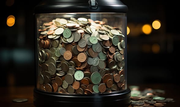 A glass jar brimming with a multitude of shiny coins.