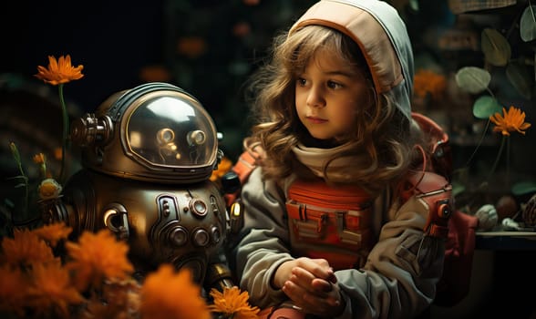 A young female child seated next to a mechanical robot.