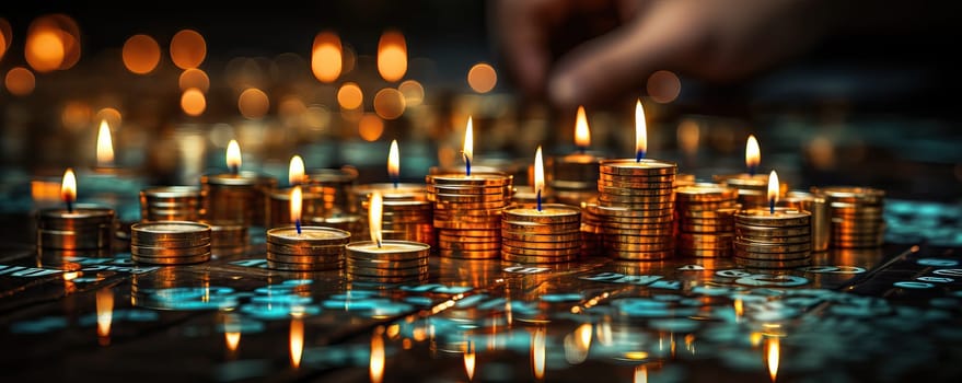 Stack of gold coins on a black computer keyboard.