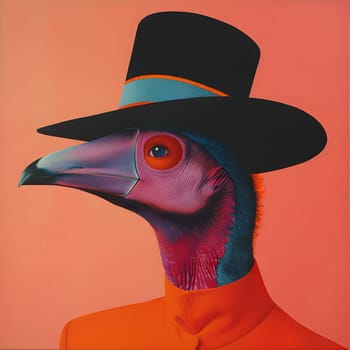 A turkey adorned in a top hat and orange jacket, showcasing a blend of fashion and art. This illustration of the bird, a member of the Piciformes order, adds a touch of whimsy
