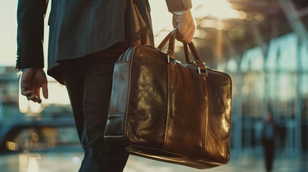 The picture of a person is working as business person with bag and walking to office building, the businessman also require skill like management, negotiation, marketing and the communication. AIG43.