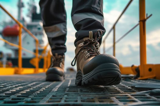 The close up picture view of the engineer is working inside the factory and focus on the boots, the engineer require skill like the technical experience, management and the communication skill. AIG43.