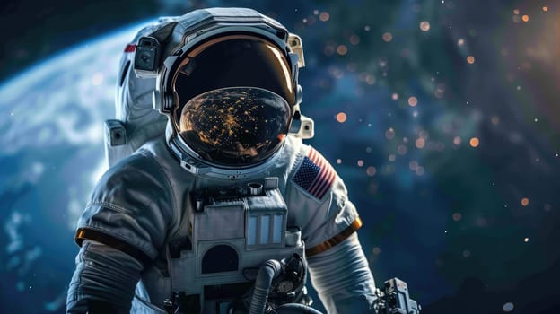 The picture of the astronaut flying in the space with the earth background, the spaceman must wear the space suit to protect the human body from the radiation, extreme temperature and pressure. AIG43.
