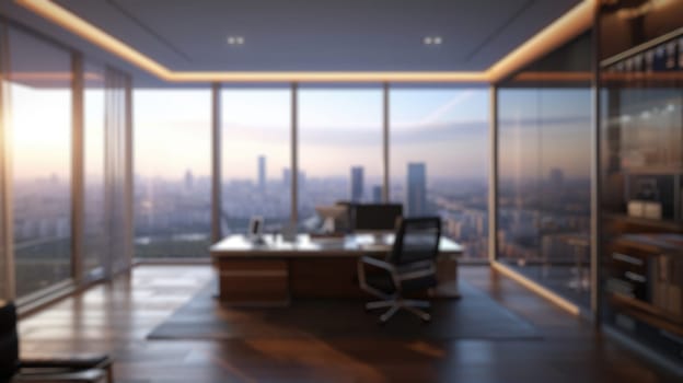 A softly blurred image of a high-rise office with a panoramic city view during dusk, showcasing the glow of a setting sun against skyscrapers. Resplendent.