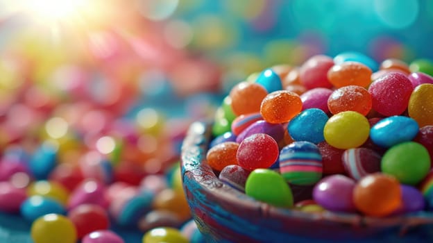 The close up view of picture of a lot of the colourful candy, sweet, sugar, and jelly that has been put around the table or floor and gathered together and has been filled with various sweet. AIGX01.