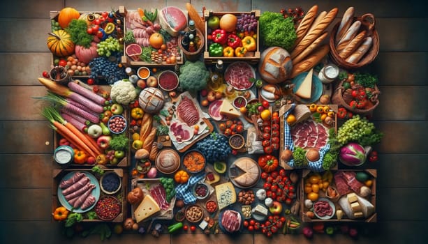 An overhead view of a lively Italian farmer's market, featuring an array of fresh fruits, vegetables, artisanal breads, cured meats, and cheeses. High quality illustration