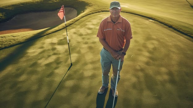 The picture of the professional golfer is playing the golf inside the grass green field, the golfer require skill like the mental focus, concentration, technique, strategy and physical fitness. AIG43.