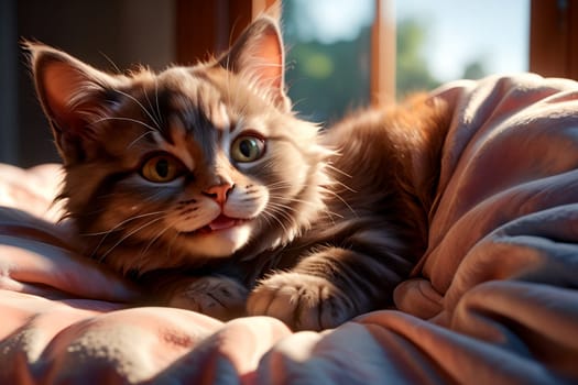 cute domestic cat resting in bed .