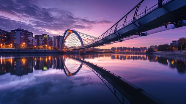 Panoramic twilight view over a sleek modern bridge with city architecture reflections. Resplendent.