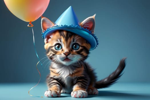 cute kitten in a festive cap with a balloon, birthday .