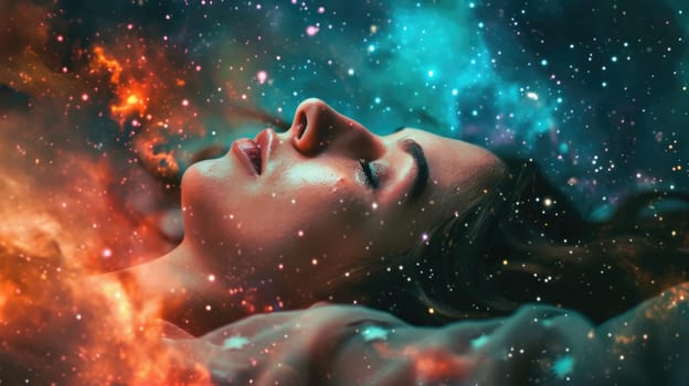 The close up picture of the caucasian female human that laying down for sleeping on the sea of the galaxy space that act like pillow that look fluffy and soft at the bright sky of a universe. AIGX03.