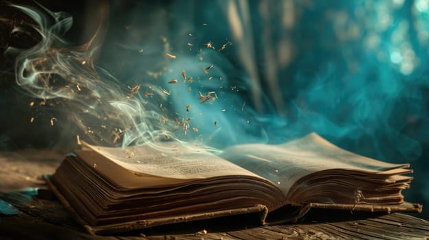 The magical book that turning the multiple glowing glittered page that stay on the wood table that surrounded with the mystery fantasy glowing glittered mist that looks like from dream world. AIGX03.