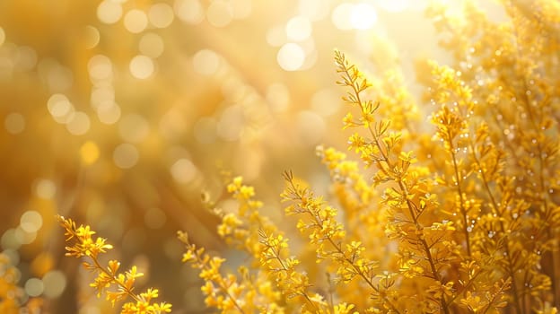 The suns rays filter through the branches of a bush adorned with ambercolored flowers, creating a beautiful natural landscape under the blue sky