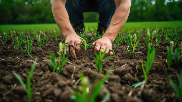 A farmer tending to a lush green field, rural landscape, close-up of hands in soil, symbolizing agriculture and sustainability. Resplendent.