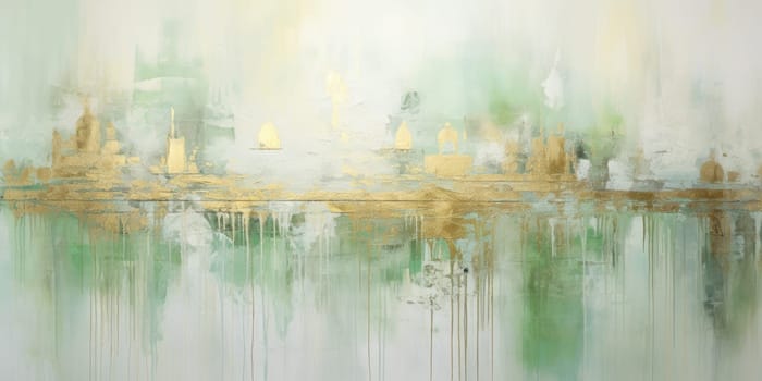 The abstract picture of the gold, green and yellow colour that has been painted or splashed on the white blank background wallpaper to form random shape that cannot be describe yet beautiful. AIGX01.