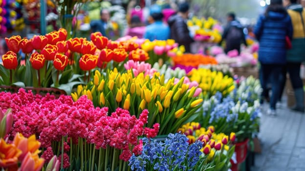 A bustling flower market scene featuring an array of colorful tulips and various spring flowers, with shoppers in the background. Resplendent.
